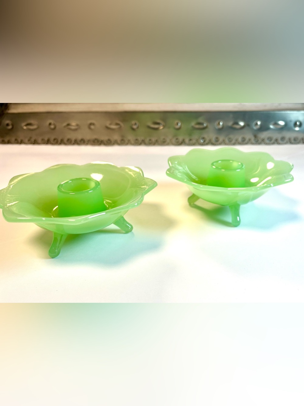 2 Fenton Jadeite Jade footed Lotus Candlestick Holders 1930s Vintage